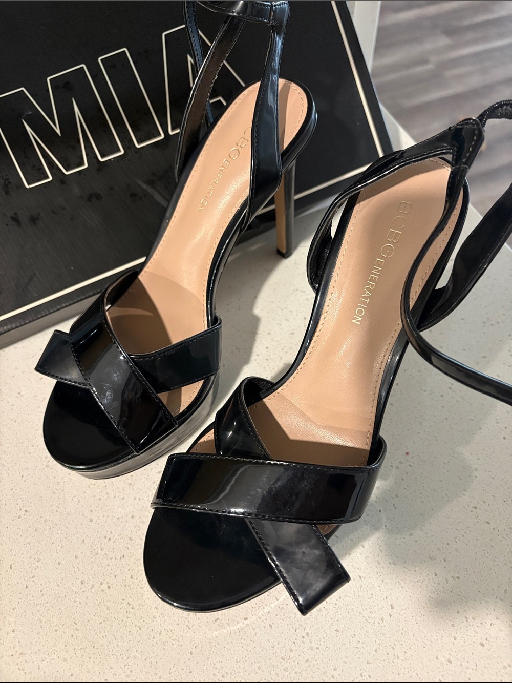 BCBGeneration Black Patent Crisscross High Heel Sandals